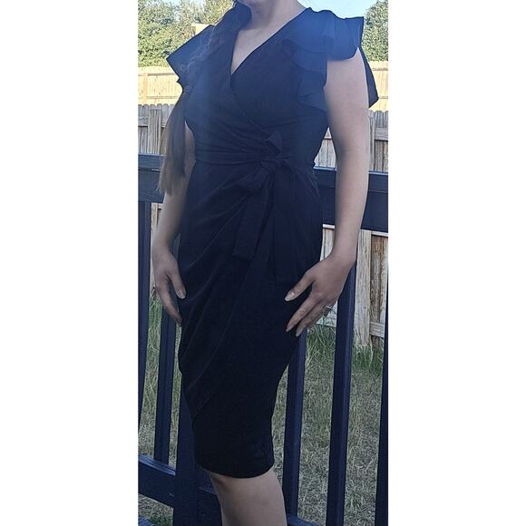 Women's Deep V Neck Ruffle Sleeve Faux Wrap Dress Black Size M - Picture 3 of 8